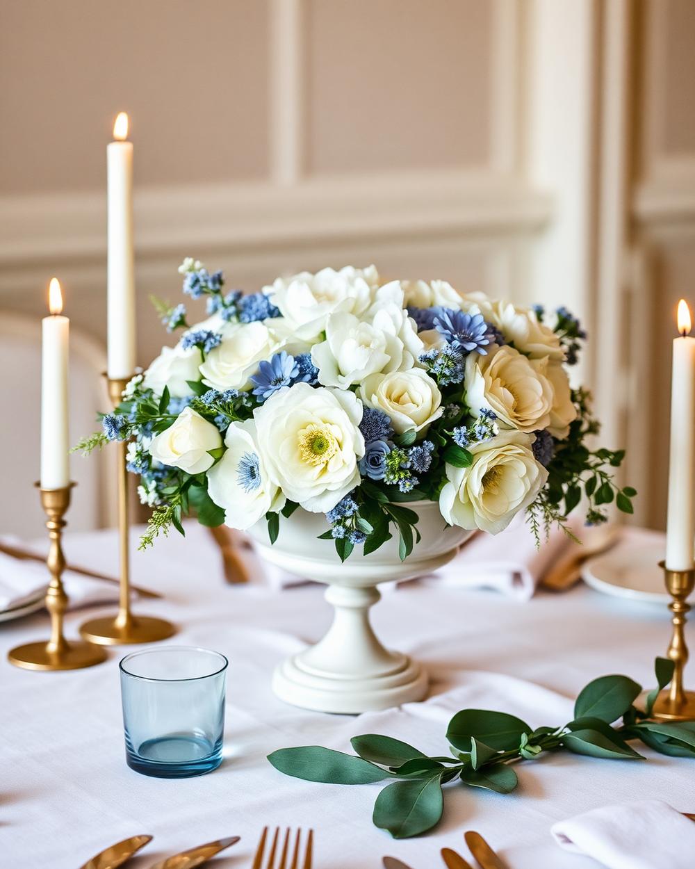 Compote centerpiece of white ranunculus with blue accents on a cream table