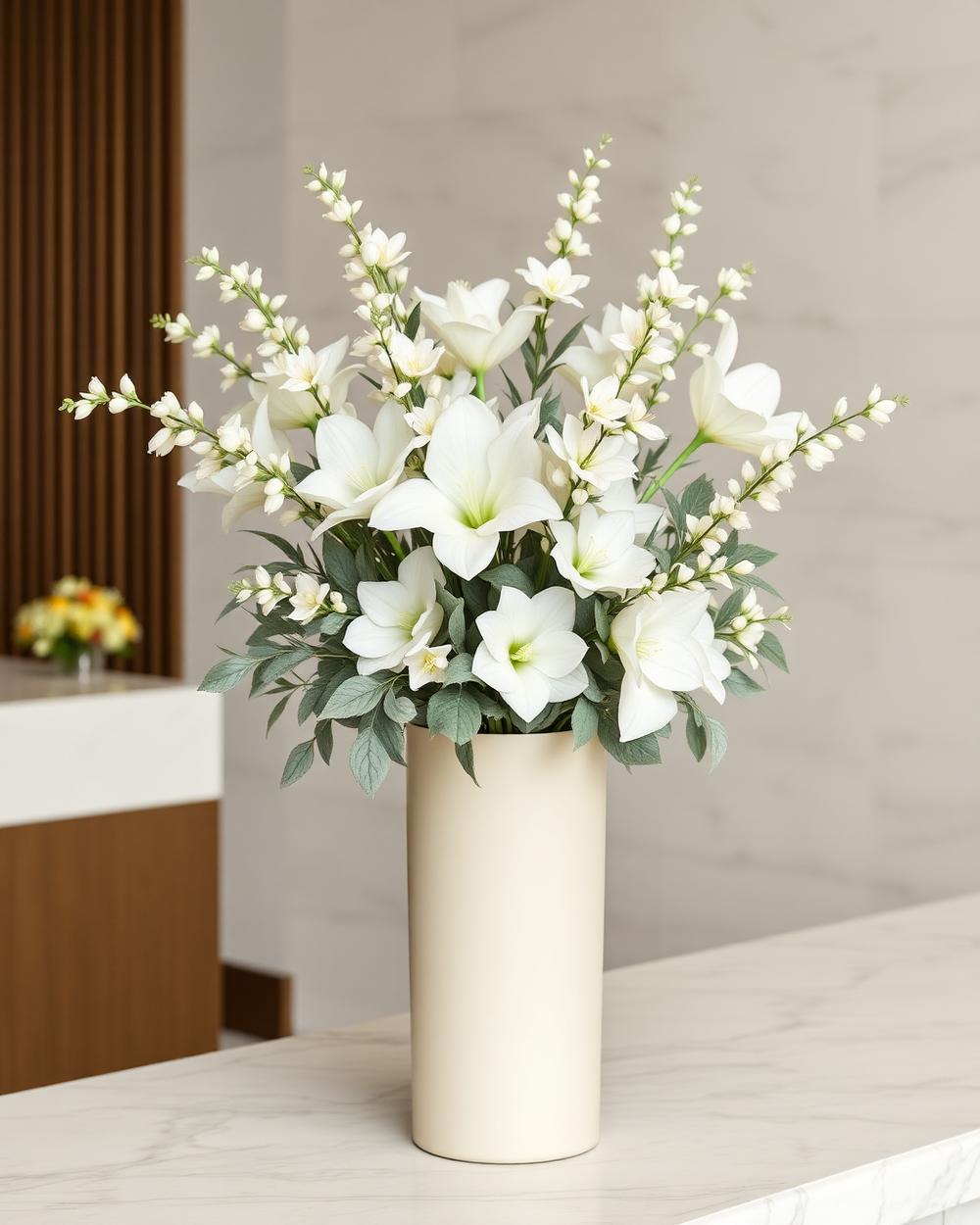Minimal white floral arrangement on a marble reception desk