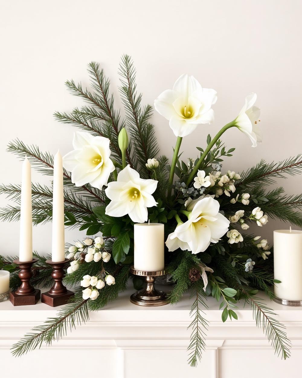Winter mantel arrangement with white amaryllis, cedar, and ivory candles