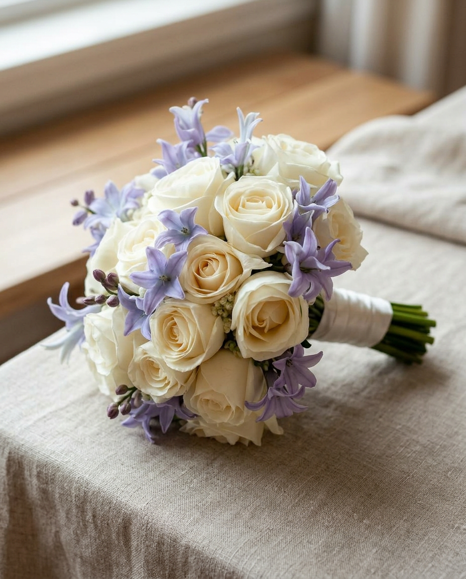 Bridal bouquet of ivory roses and periwinkle delphinium